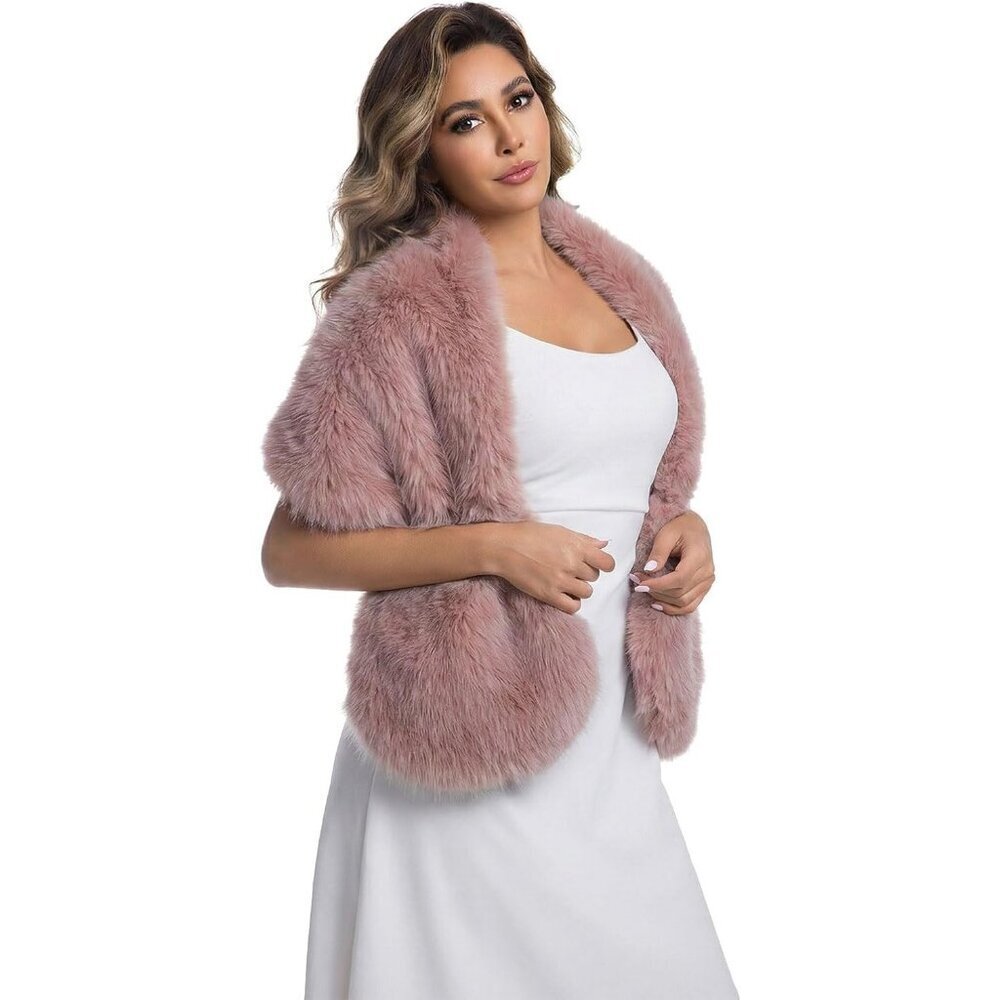 Women' Pink Faux Fur Winter Warm Wedding Neck Warmer Shawl Collar Scarf Stole - Picture 2 of 6